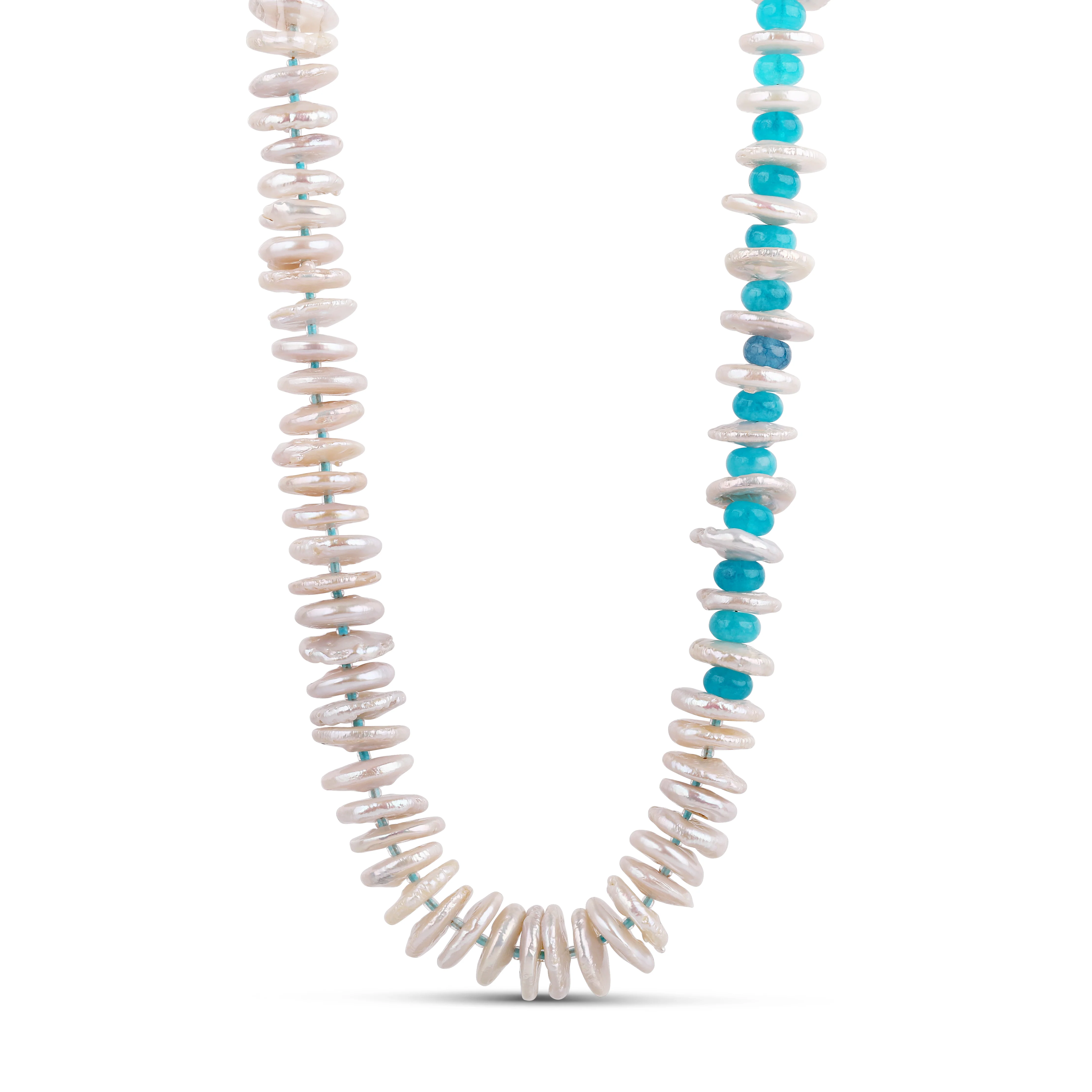 Freshwater Pearl Disc Necklace - Natural Pearl Coin Beads 15" Waterproof (Pink/Turquoise) - Image 2