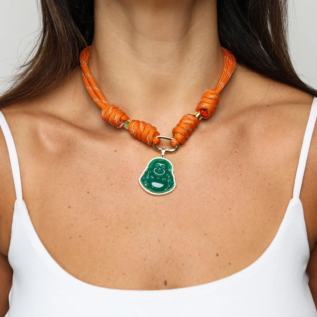 POP UPS X HANNAH B BOAT ROPE BURNT ORANGE NECKLACE WITH GREEN BUDDHA - Image 4