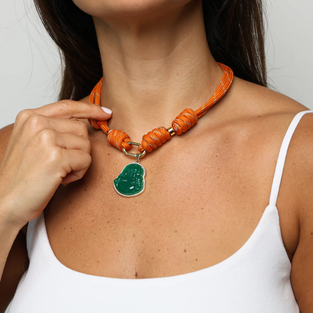POP UPS X HANNAH B BOAT ROPE BURNT ORANGE NECKLACE WITH GREEN BUDDHA - Image 5