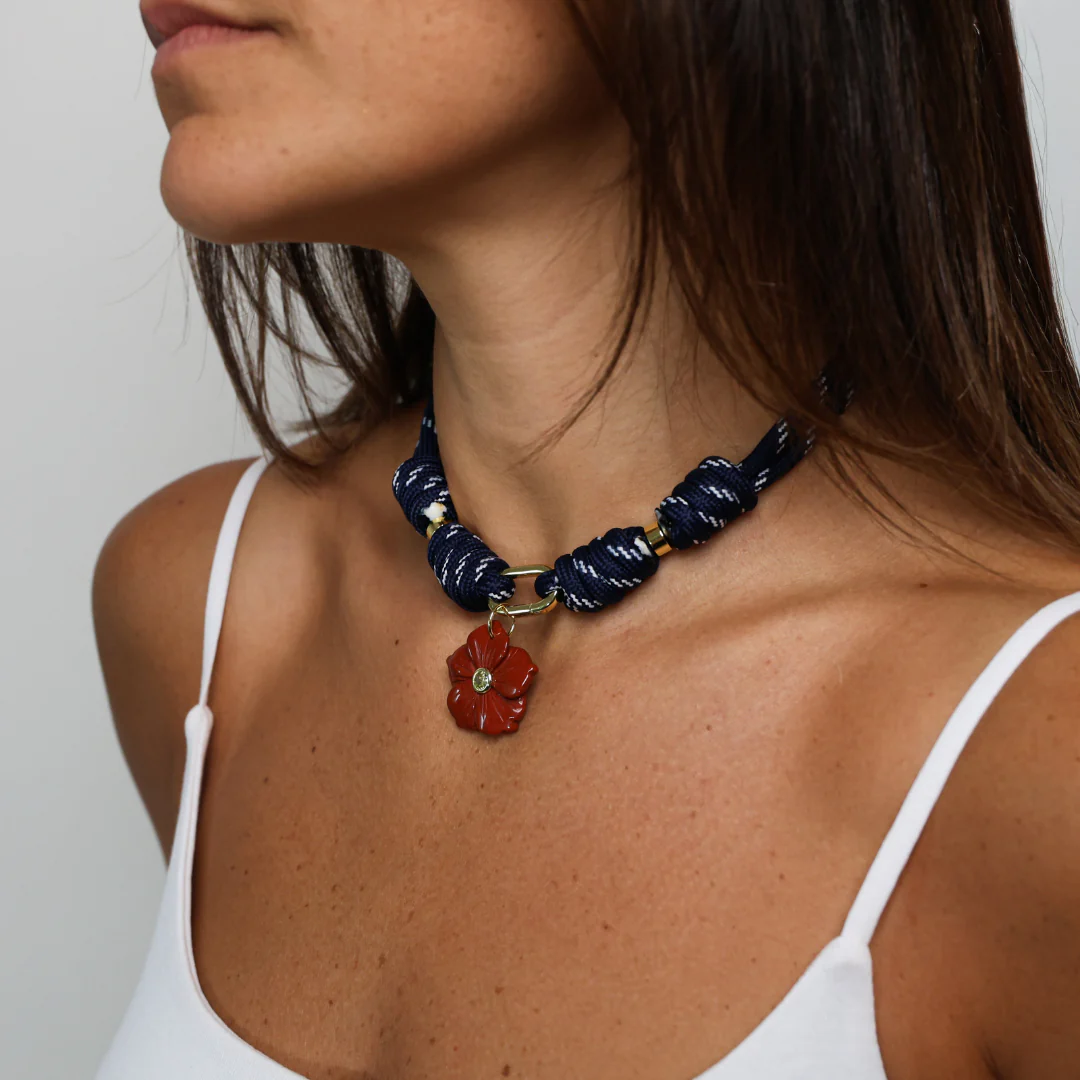 POP UPS X HANNAH B BOAT ROPE DEEP BLUE NECKLACE WITH RED HIBISCUS - Image 5
