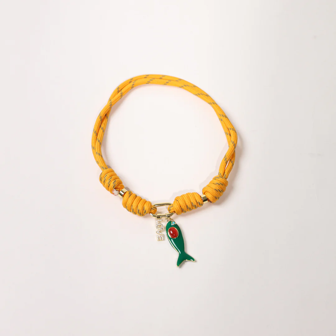POP UPS X HANNAH B BOAT ROPE MUSTARD NECKLACE WITH GREEN ENAMEL FISH  & LOVE