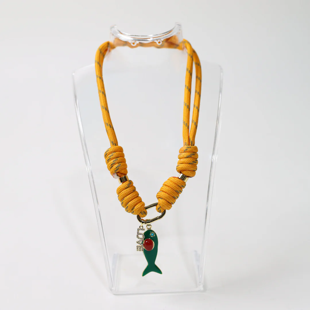 POP UPS X HANNAH B BOAT ROPE MUSTARD NECKLACE WITH GREEN ENAMEL FISH  & LOVE - Image 2