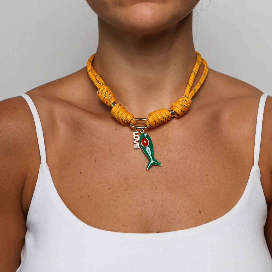 POP UPS X HANNAH B BOAT ROPE MUSTARD NECKLACE WITH GREEN ENAMEL FISH  & LOVE - Image 4