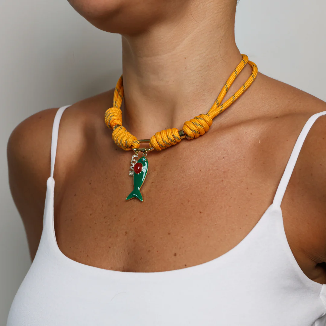 POP UPS X HANNAH B BOAT ROPE MUSTARD NECKLACE WITH GREEN ENAMEL FISH  & LOVE - Image 5