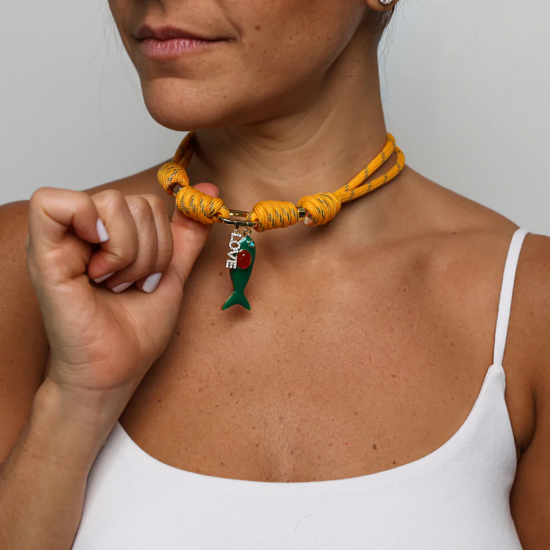 POP UPS X HANNAH B BOAT ROPE MUSTARD NECKLACE WITH GREEN ENAMEL FISH  & LOVE - Image 6