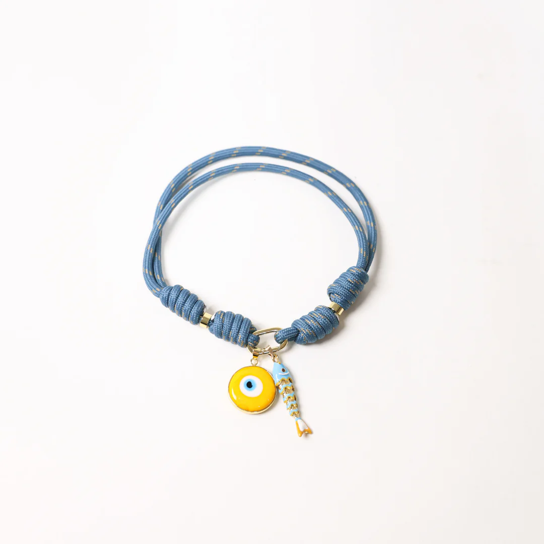 POP UPS X HANNAH B BOAT ROPE STORMY BLUE NECKLACE WITH YELLOW SARDINE & YELLOW EVIL EYE