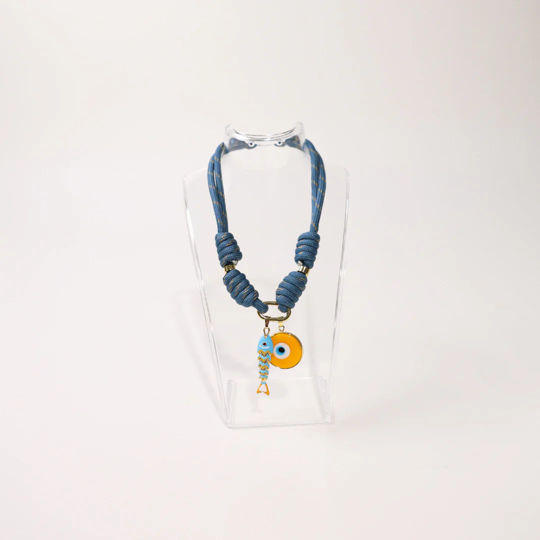 POP UPS X HANNAH B BOAT ROPE STORMY BLUE NECKLACE WITH YELLOW SARDINE & YELLOW EVIL EYE - Image 2
